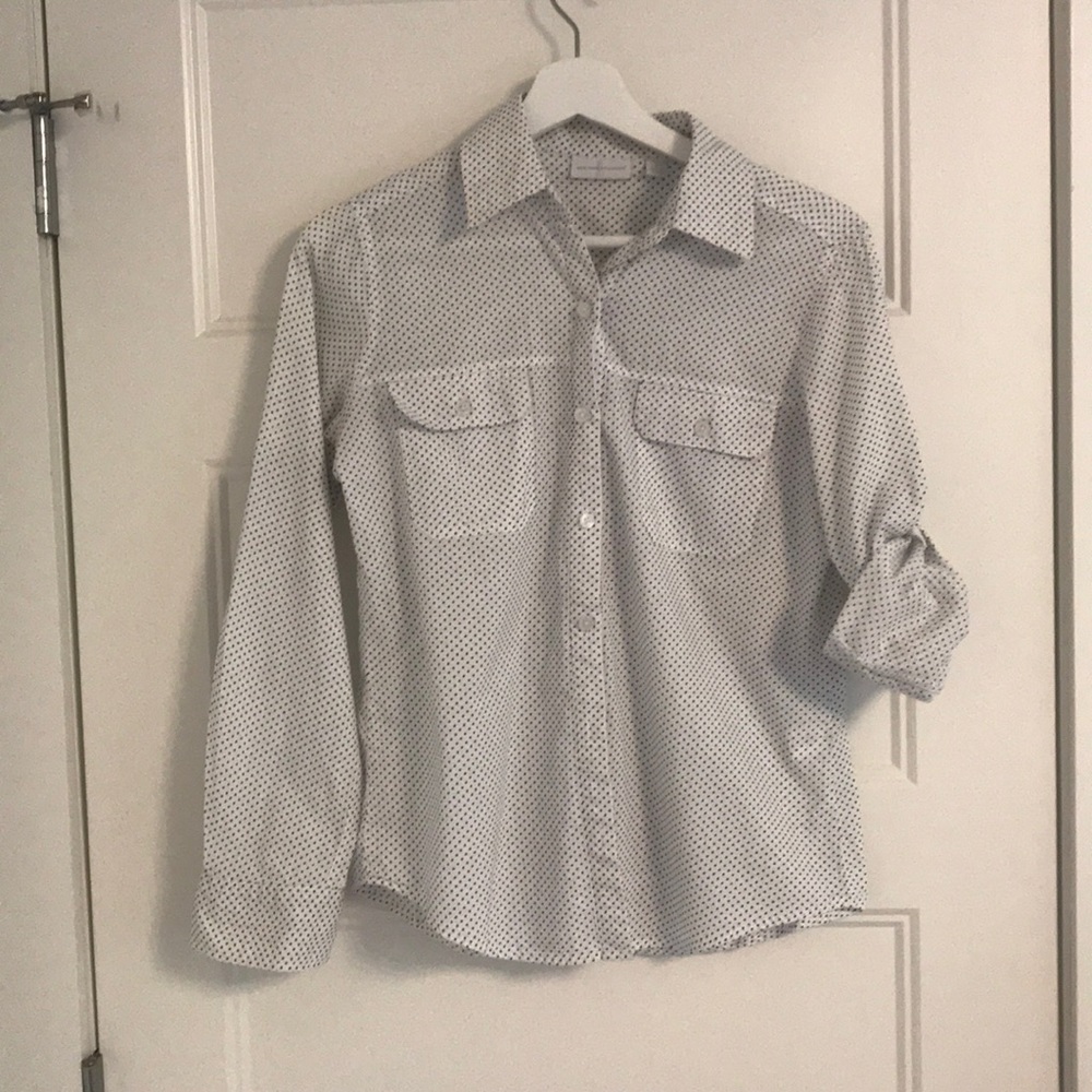 White with navy blue polka dot blouse